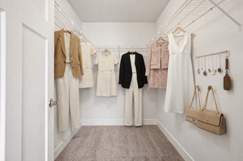 Walk-in closet with wire shelving and accessories